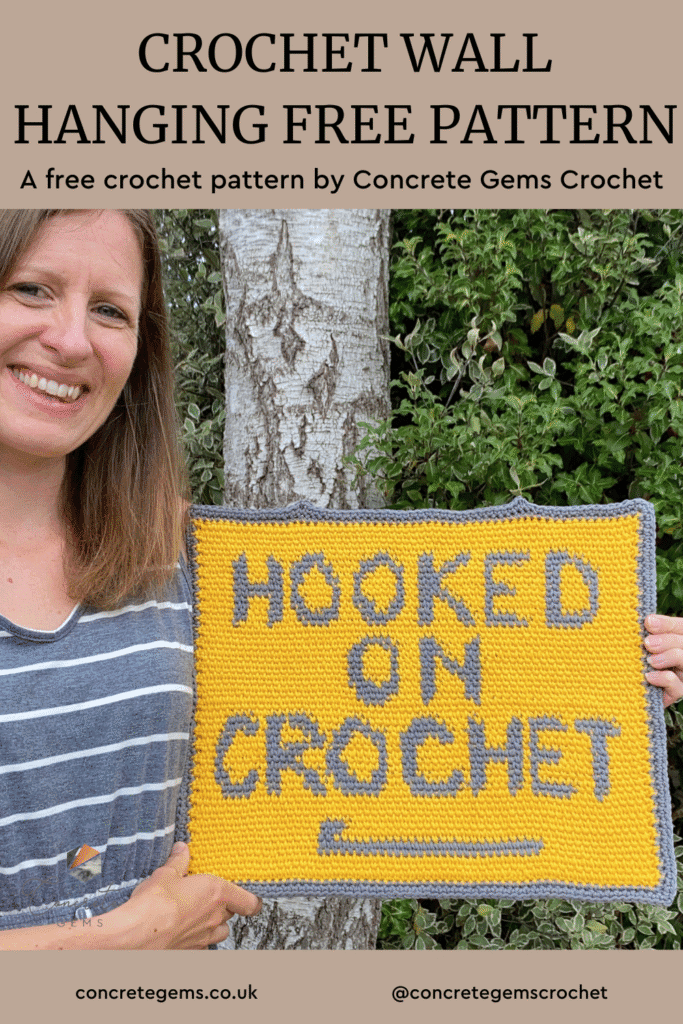 A pin image of a lady holding a crochet hanging featuring hooked on crochet in bold words. 