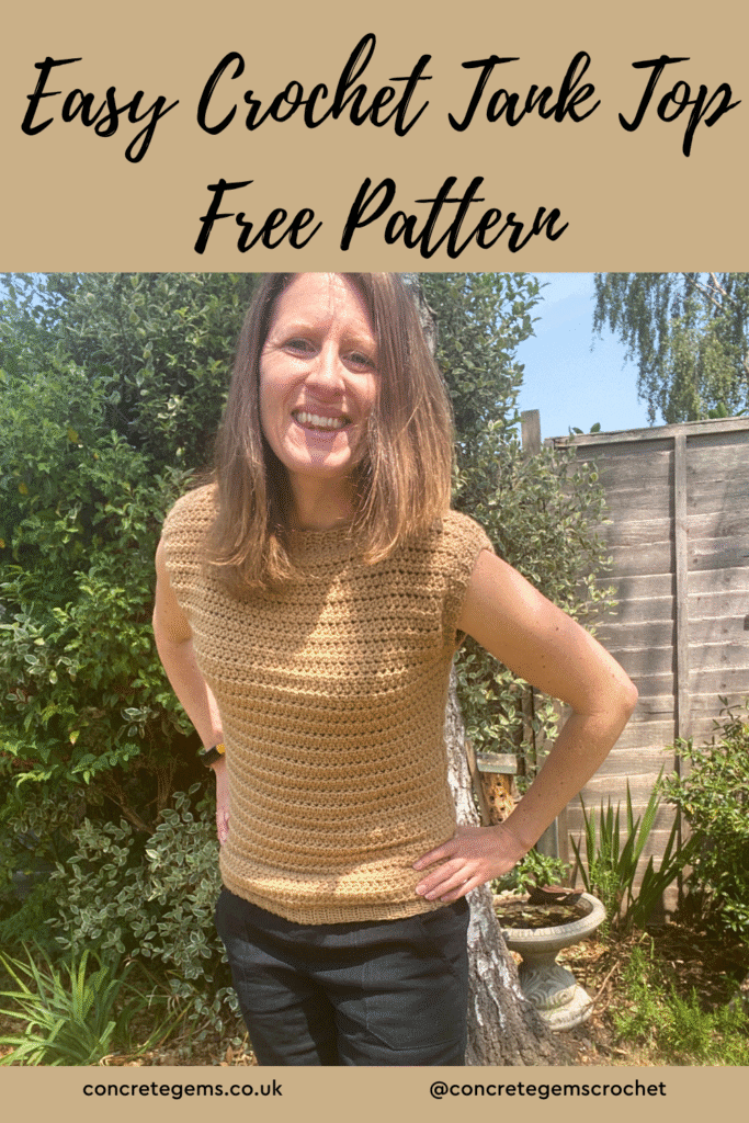 A woman leaning forwards wearing a beige crochet sleeveless top in a garden and the words easy crochet tank top free pattern