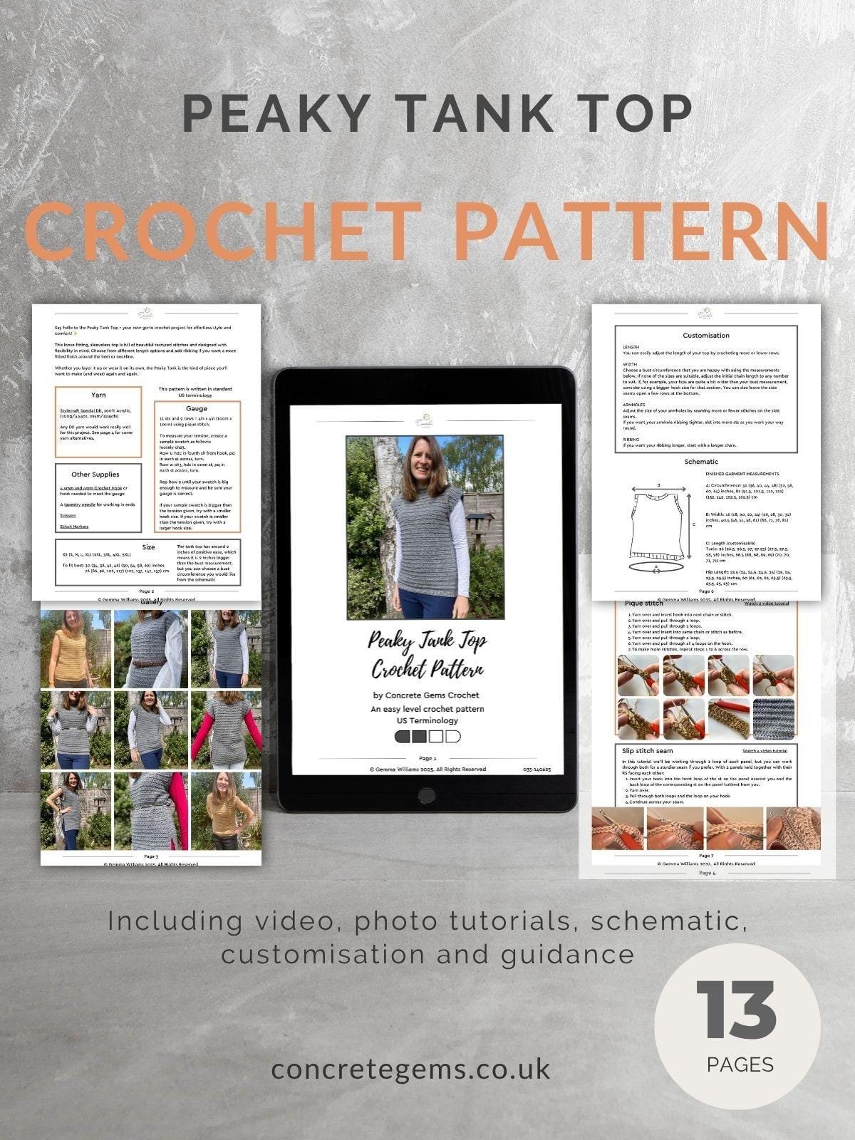 A pdf mock up showing the peaky tank top crochet pattern and some of its pages