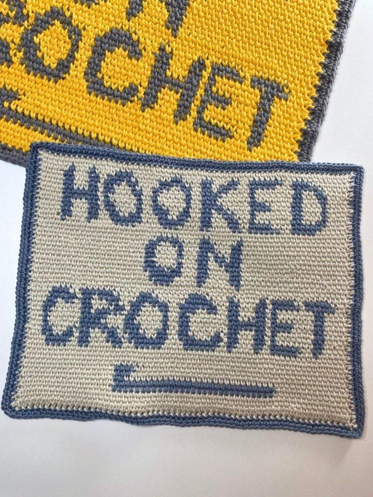 2 crochet rectangles with the words hooked on crochet on it are laid on top of each other