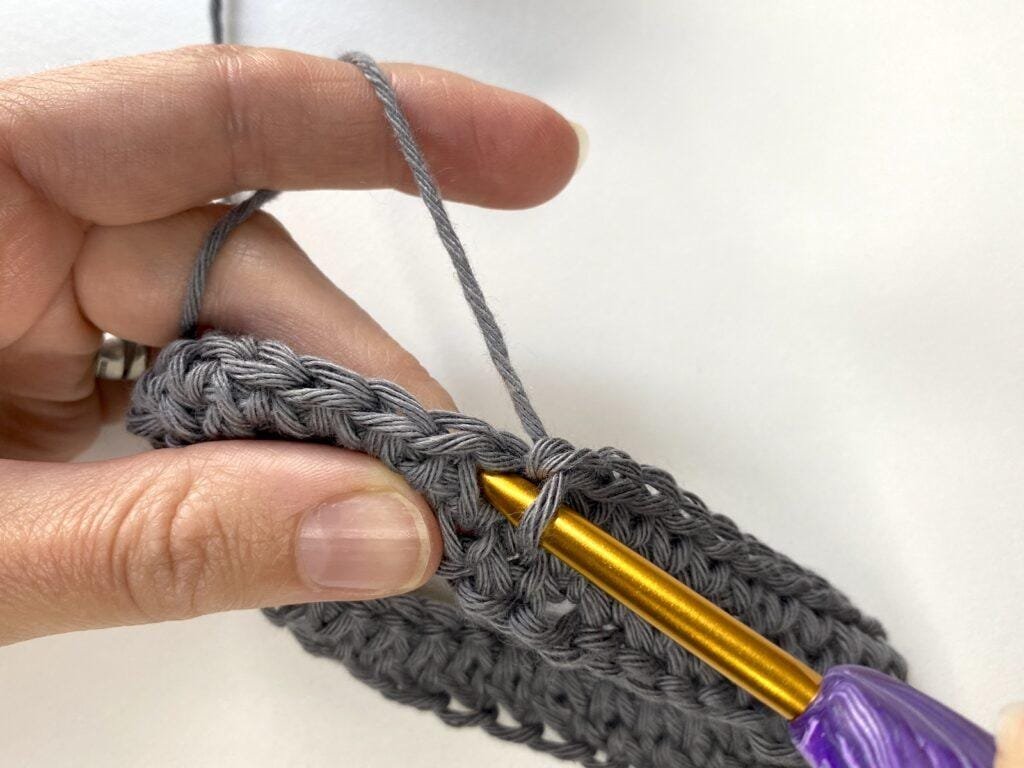 A person's hand inserting the hook into the crochet fabric to make a crochet stitch
