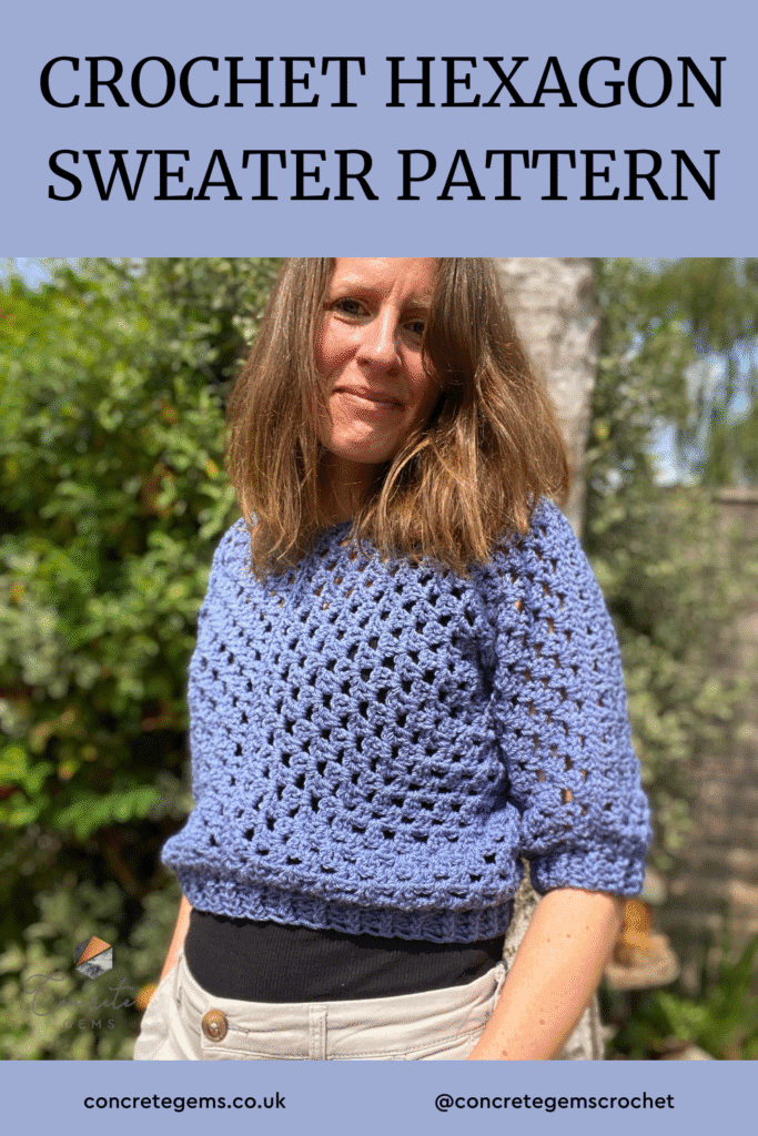 A pin with the words CROCHET HEXAGON SWEATER PATTERN  and a picture of a woman in a garden with hands in pockets wearing a blue crochet crop sweater