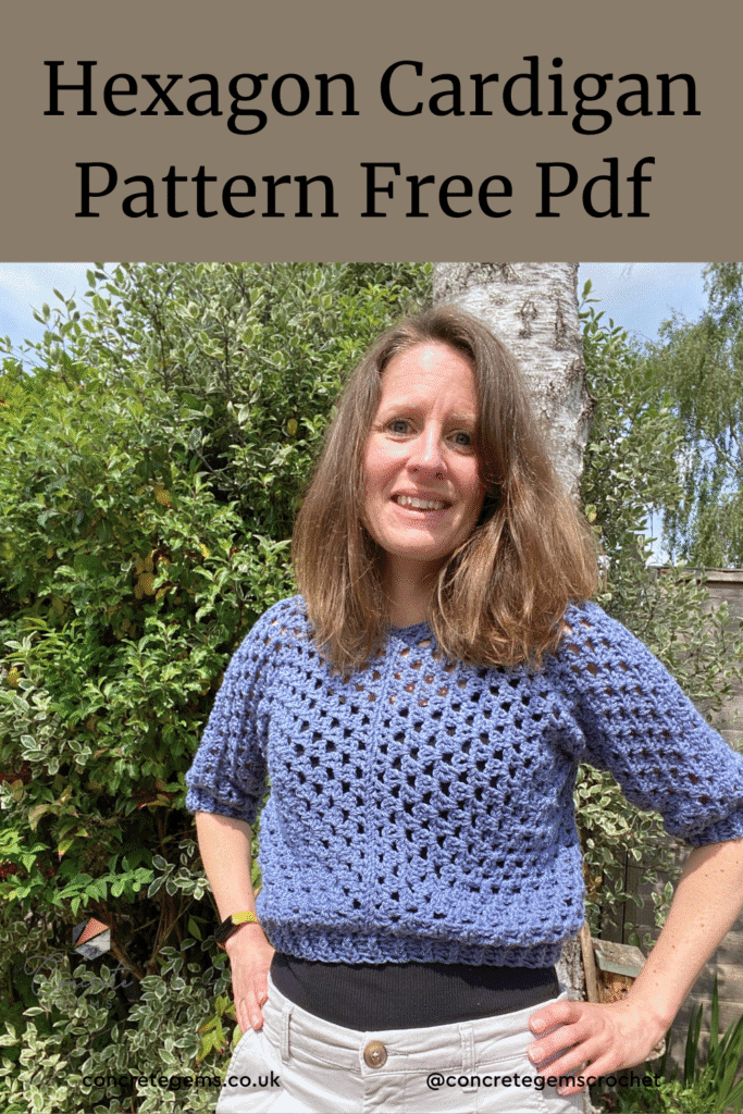 A pin image of a lady in a garden wearing a blue crochet granny hexagon sweater with the words Hexagon Cardigan Pattern Free Pdf