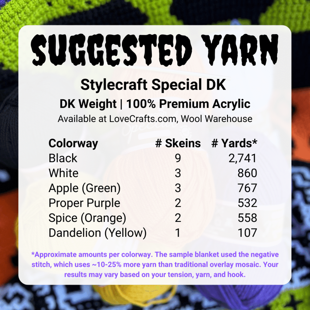 suggested yarn infographic for the mosaic crochet halloween blanket