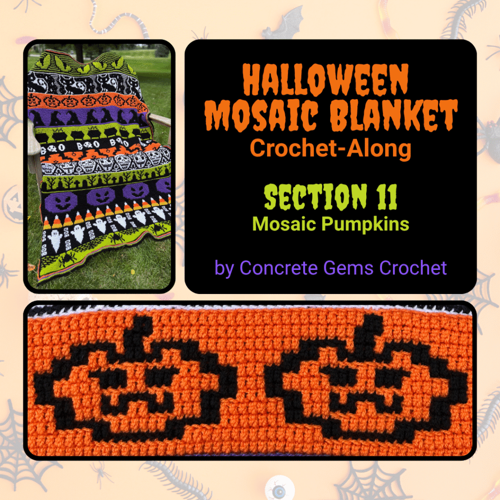 A image of 3 pics showing crochet pumpkins, a halloween crochet blanket, and wording about the Halloween mosaic blanket crochet along