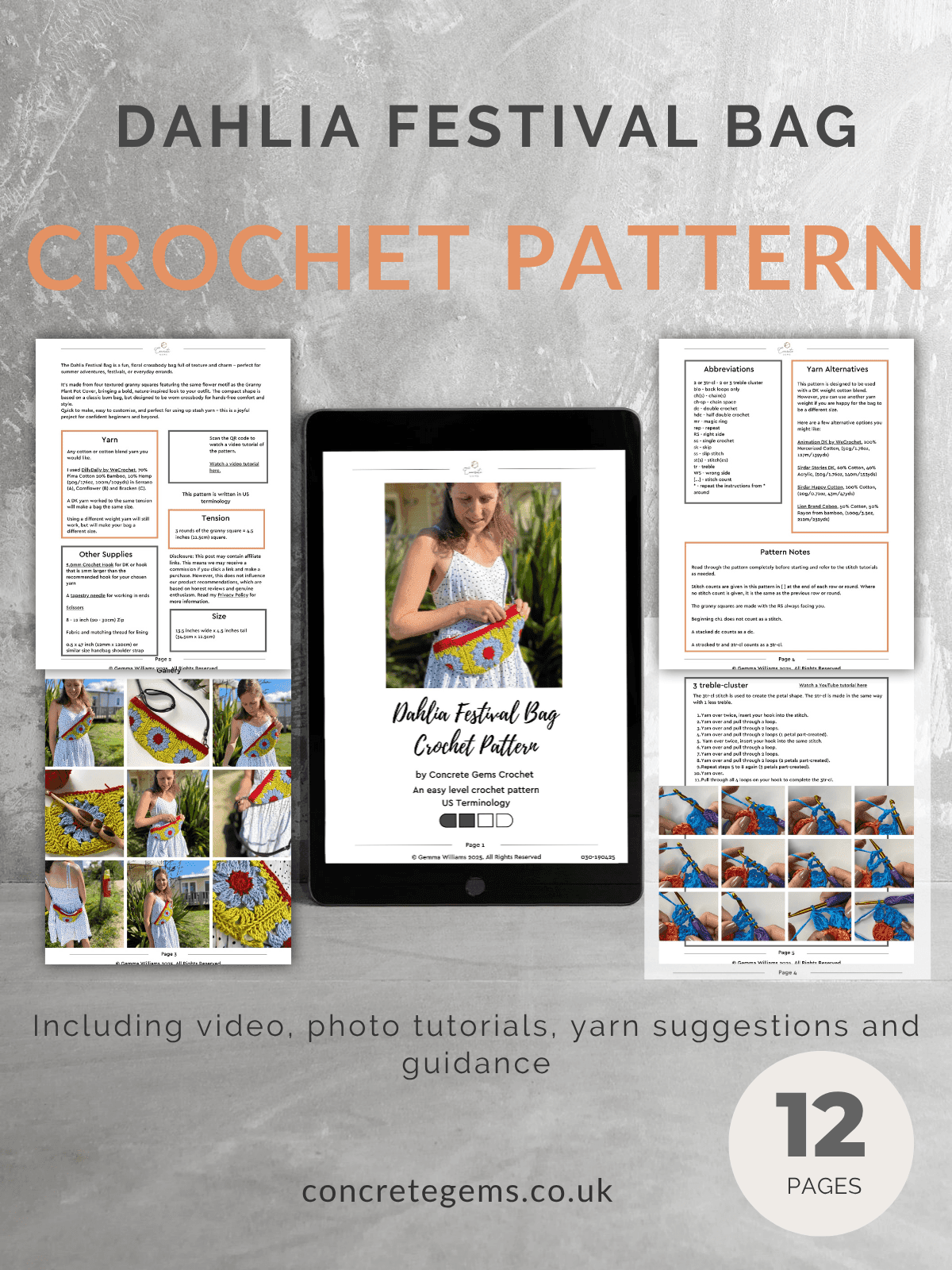 A pdf mock up of the Dahlia Festival Bag Crochet Pattern in grey and orange