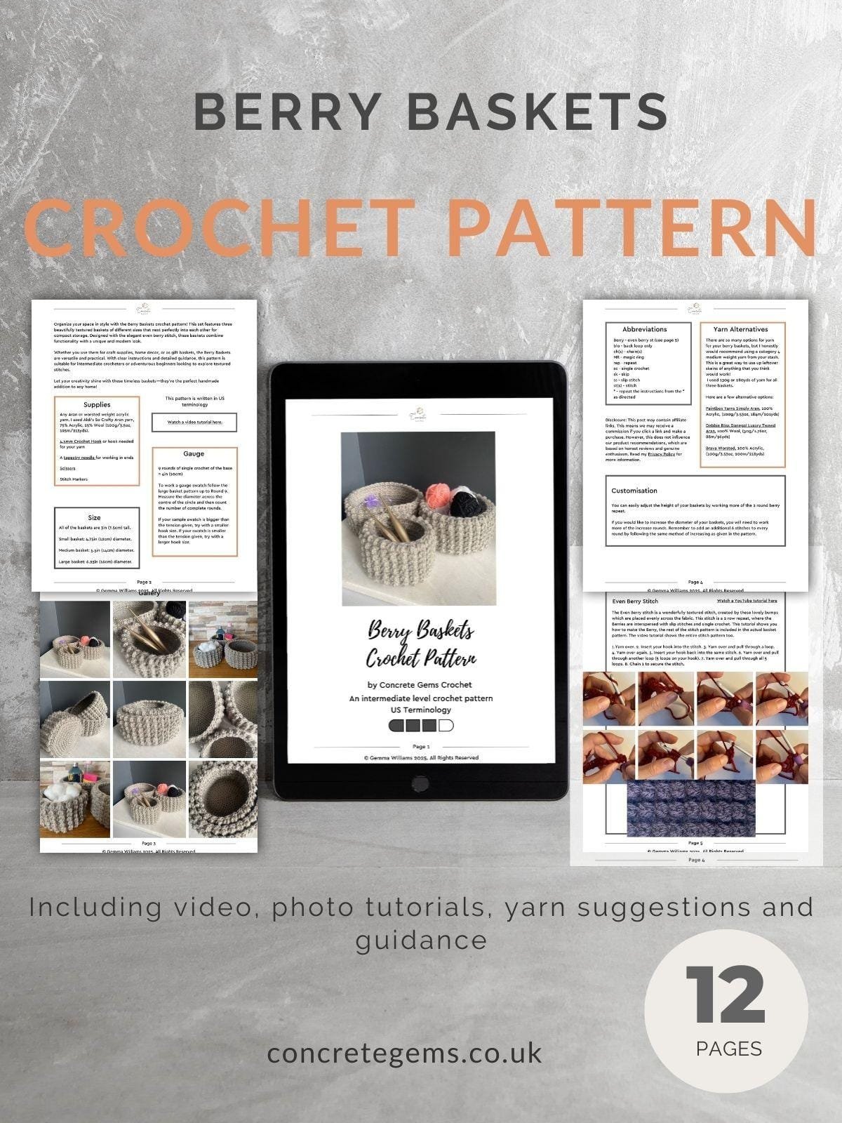 A pdf mock up showing the berry baskets crochet pattern