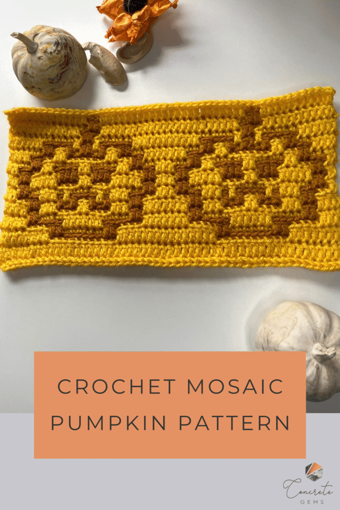 2 crochet pumpkin motifs in orange on a yellow background 