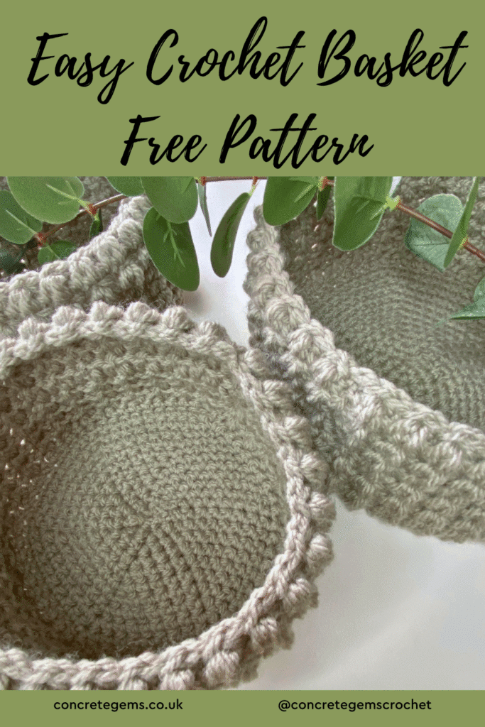 A pin image for a Easy Crochet Basket Free Pattern with a picture of 3 crochet baskets of different sizes=