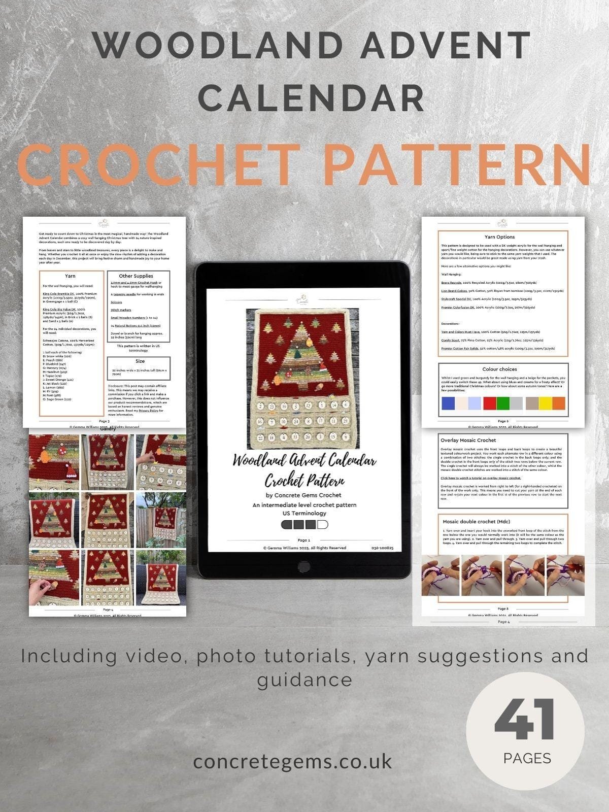 A pdf mock up of the Woodland Advent Calendar crochet pattern showing 5 pages of the 41