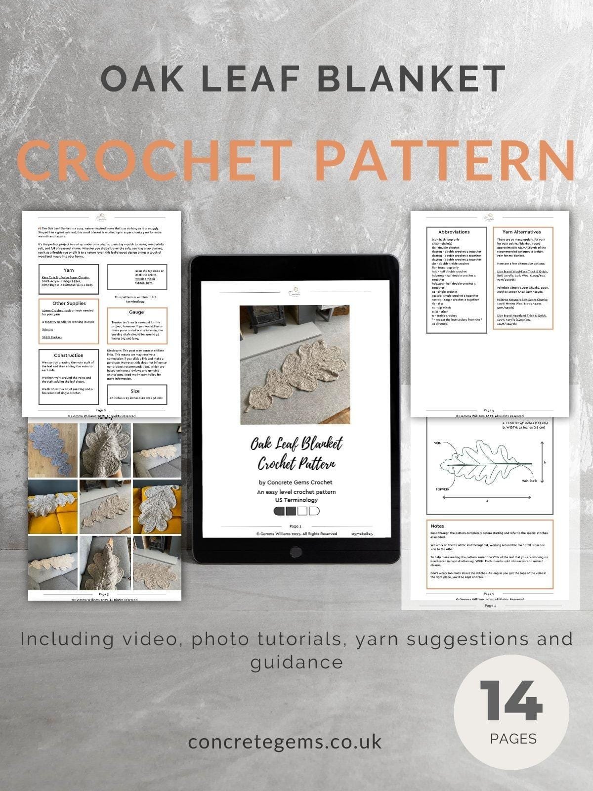 a pdf mock up of the oak leaf blanket crochet pattern showing 5 pages