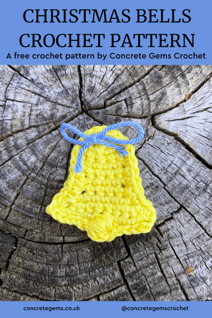 A yellow crochet bell on a wooden slice and the words CHRISTMAS BELL CROCHET PATTERN above