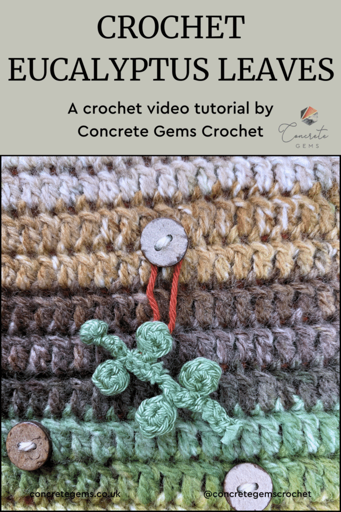 A pin image of a small green crochet leaves hanging on a button on a crochet background