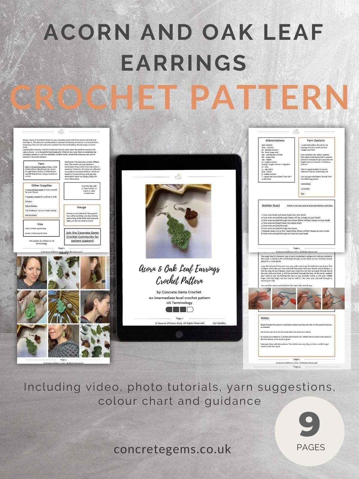 A pdf mock up of a acorn and oak leaf earrings crochet pattern showing pages from the pattern