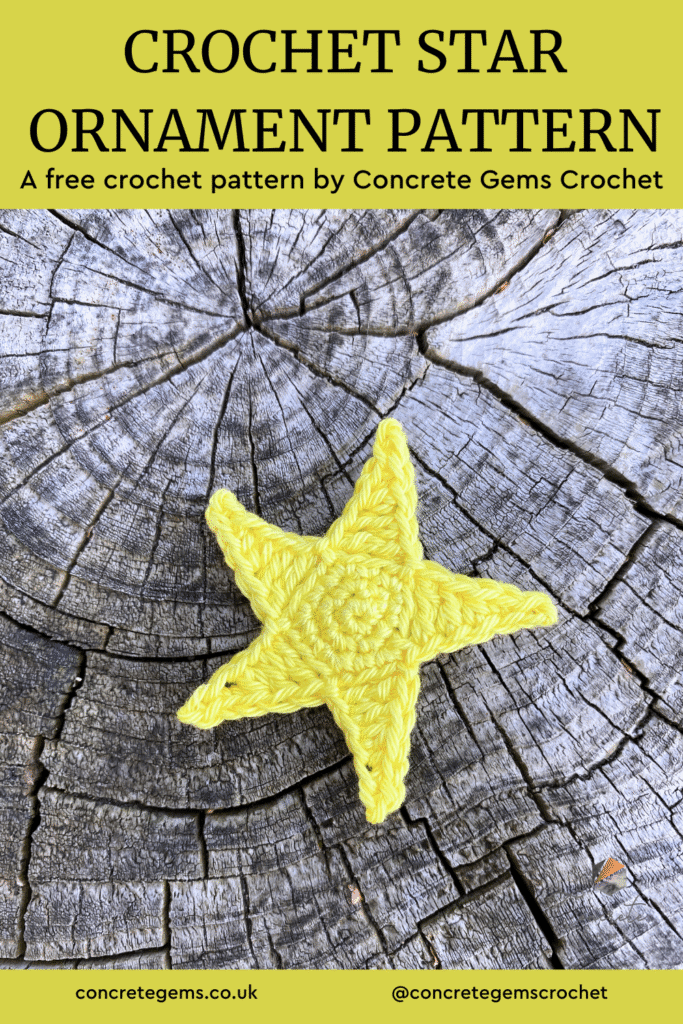 A yellow crochet star on a log with the words crochet star ornament pattern