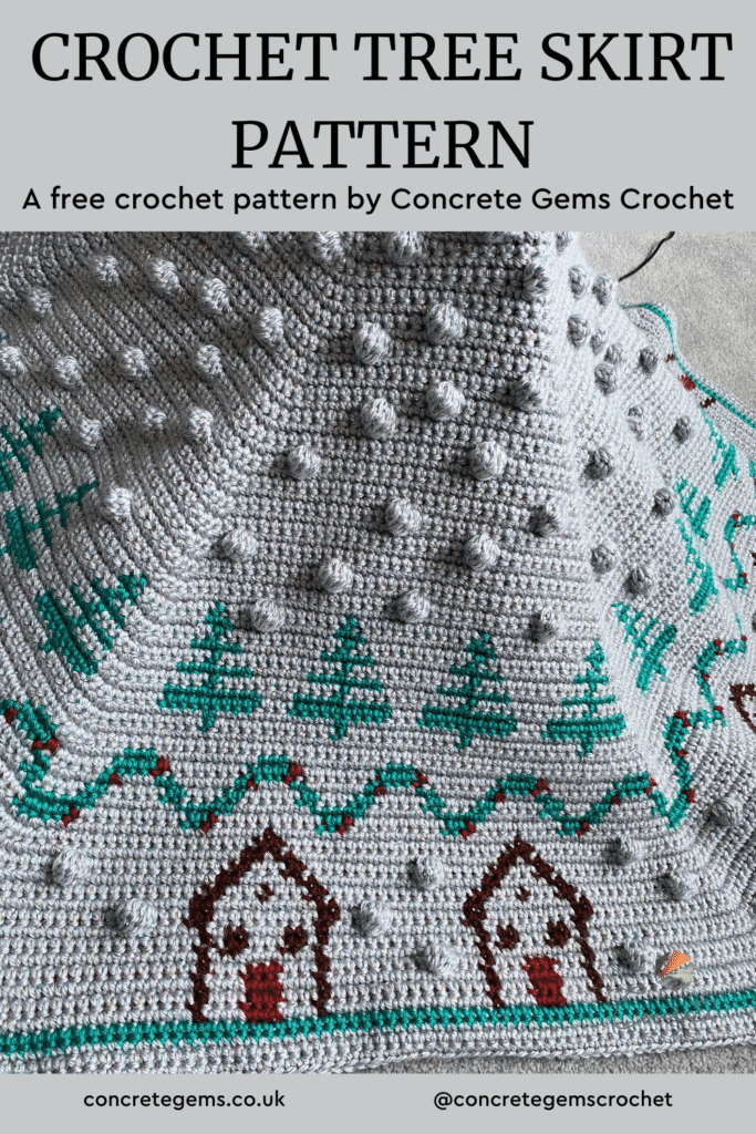 Pin image of a crochet tree skirt pattern with a close up showing the bobble snowflakes, green trees and little brown huts with red doors