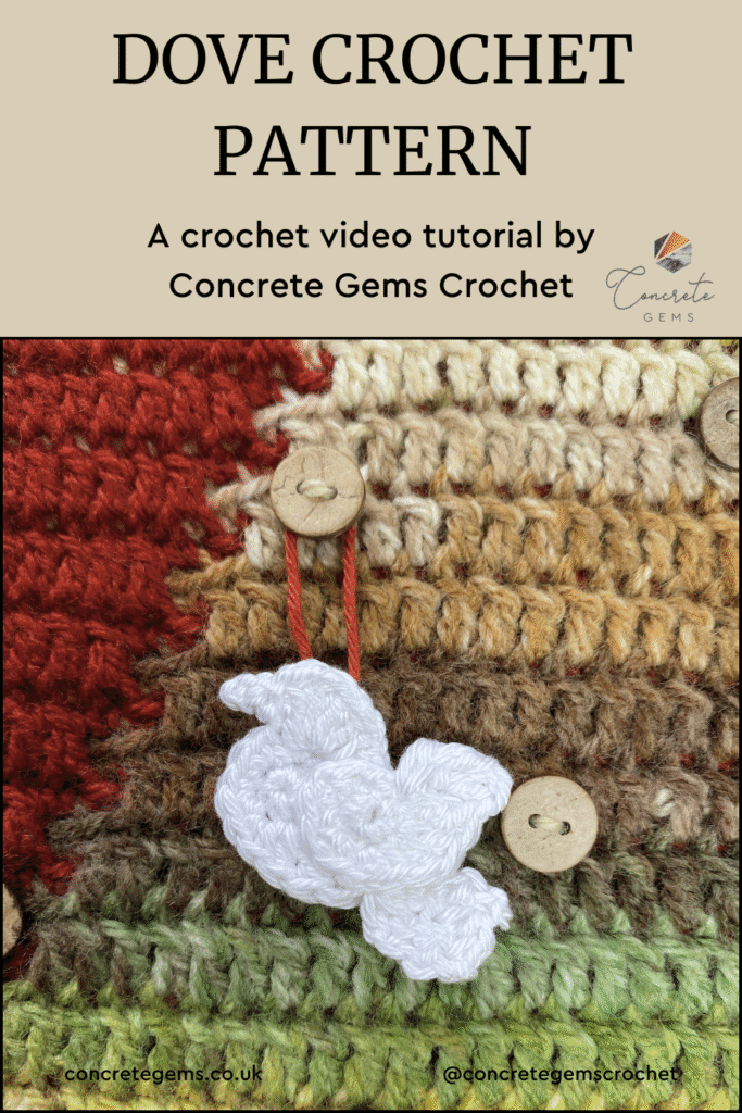 A pin image of a flat crochet dove hanging on a crochet advent calendar with the words DOVE CROCHET PATTERN above