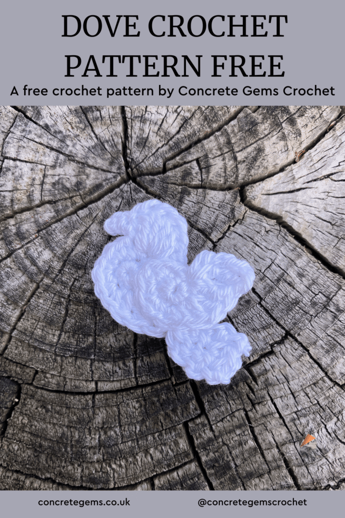 A pin image of a flat crochet dove and the words DOVE CROCHET PATTERN FREE