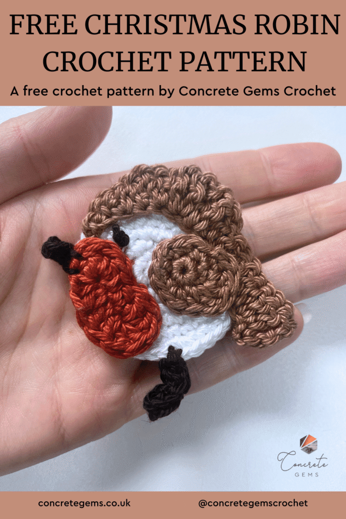 A pin image of a FREE CHRISTMAS ROBIN CROCHET PATTERN with the robin shown laying on a hand
