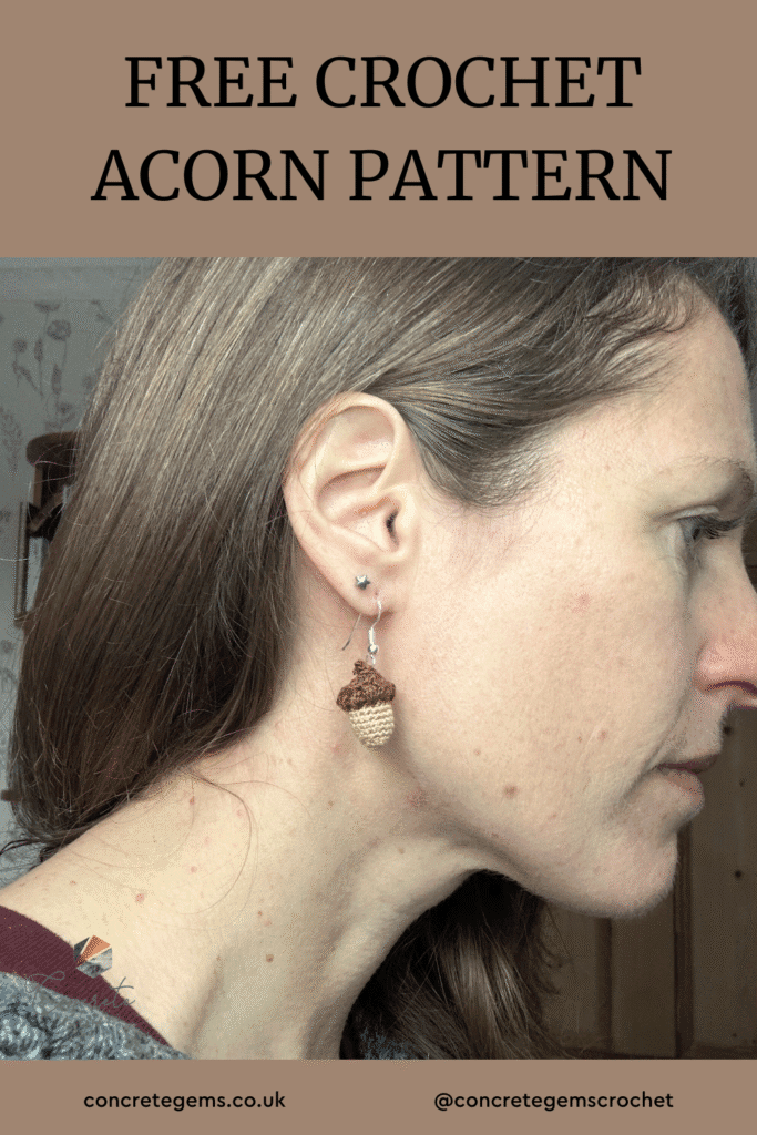 A woman's head in profile shows off a small crochet acorn earring