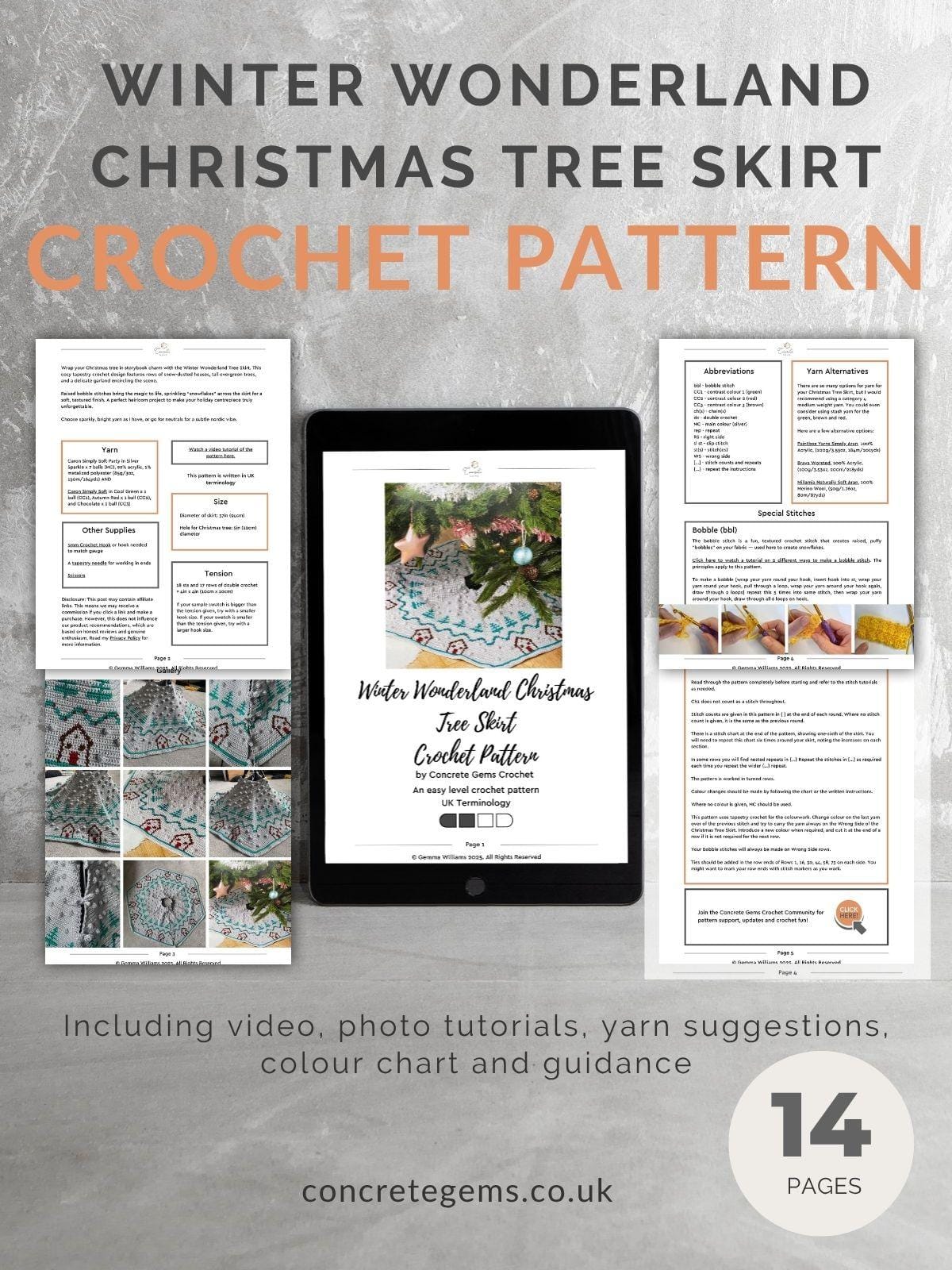 A pdf mock up of the Winter Wonderland Christmas tree skirt crochet pattern