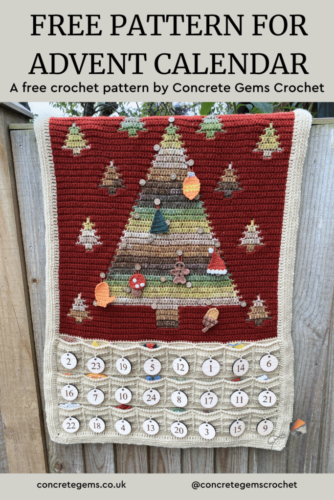 A crochet Christmas tree advent calendar hangs over a fence with the words FREE PATTERN FOR ADVENT CALENDAR above