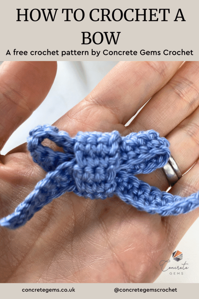 A small crochet bow in blue is on a hand with the words HOW TO CROCHET A BOW above