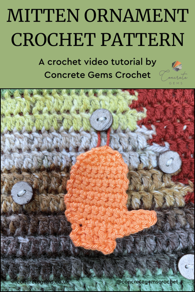 An orange crochet mitten ornament hangs on a button on a crochet Christmas tree picture and the words MITTEN ORNAMENT CROCHET PATTERN is above