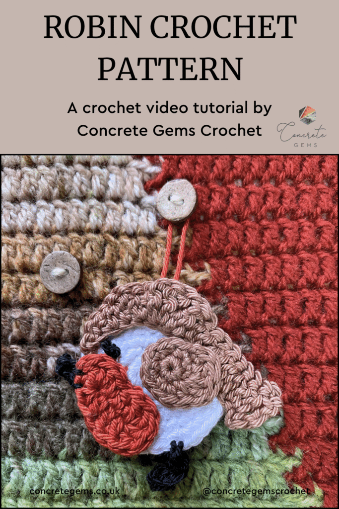 A cute round crochet robin hangs on a button on a crochet advent calendar with the words ROBIN CROCHET PATTERN above