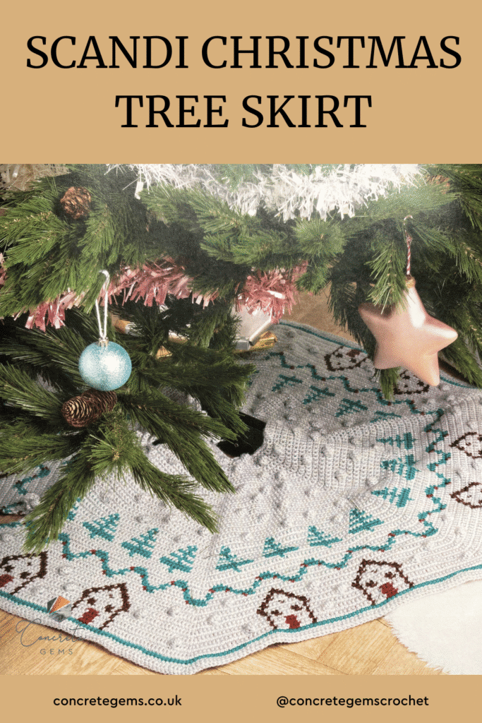 A pin image of a SCANDI CHRISTMAS TREE SKIRT with a picture of the crochet tree skirt under a Christmas tree