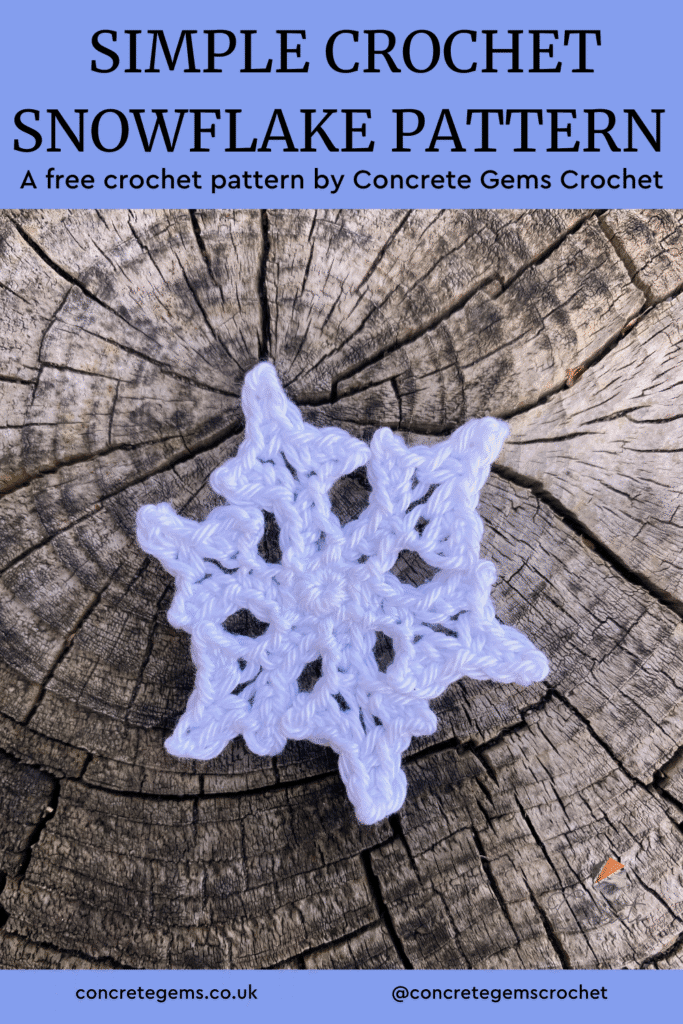 A crochet snowflake on a wooden slice and blue background for a pin