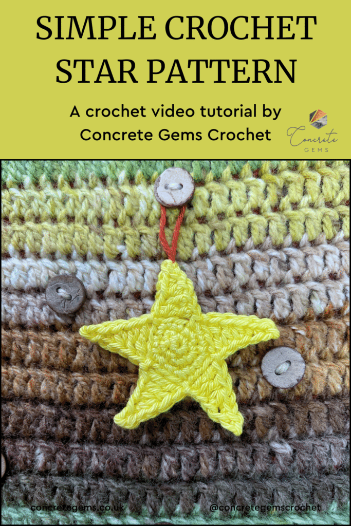 A crochet star is hanging on a crocheted background from a button and other buttons surround it