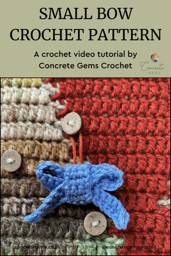 A tiny crochet blue bow is hanging from a button on a crochet advent calendar with the words SMALL BOW CROCHET PATTERN above