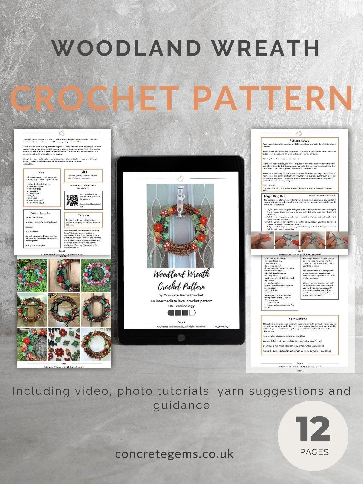 A pdf mock up of the woodland wreath crochet pattern with extracts of pages from the pattern