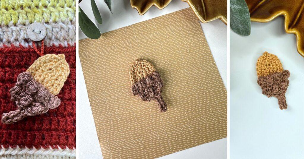3 images of a crochet acorn pattern