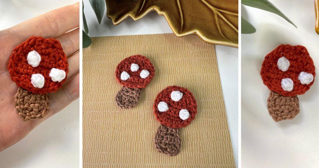 3 images of small crochet mushroom applique with red caps and white dots