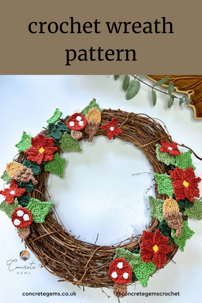 A rattan wreath with crochet motifs on and the words CROCHET WREATH PATTERN above
