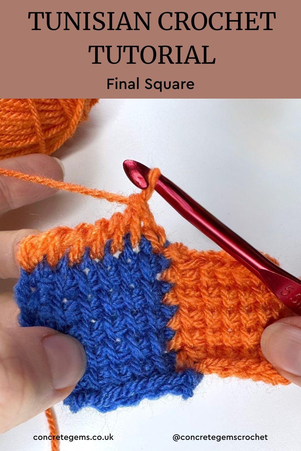 Tunisian crochet tutorial in bold at the top over peach background. Underneath the image shows a third square being crocheted in orange onto a blue and an orange squares already there. You can just see 2 hands on the edge and a red crochet hook