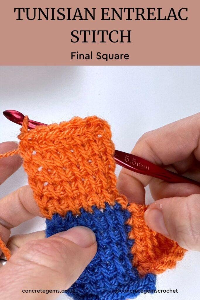 A sample of Tunisian entrelac stitch is held in a hand with a red crochet hook. The words TUNISIAN ENTRELAC STITCH FINAL SQUARE are above