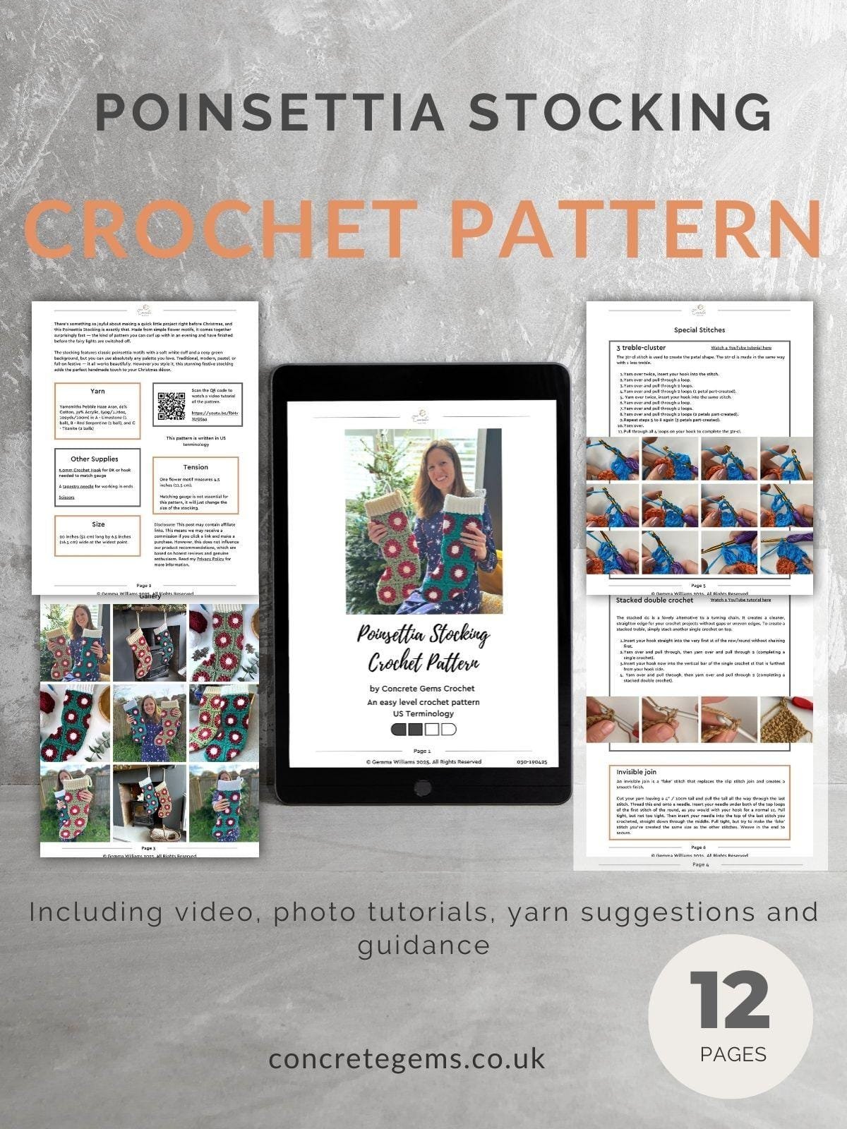 A pdf mock up of the poinsettia stocking crochet pattern showing pages from the pattern