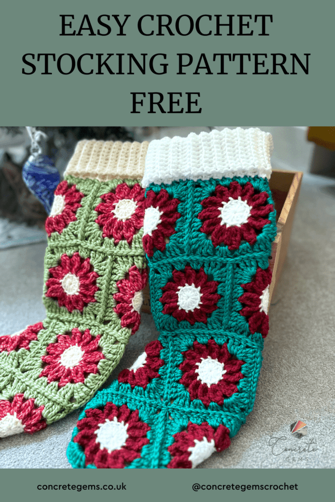 2 crochet stockings are propped up against a wooden box with a Christmas tree in the background and the words EAST CROCHET STOCKING PATTERN FREE above