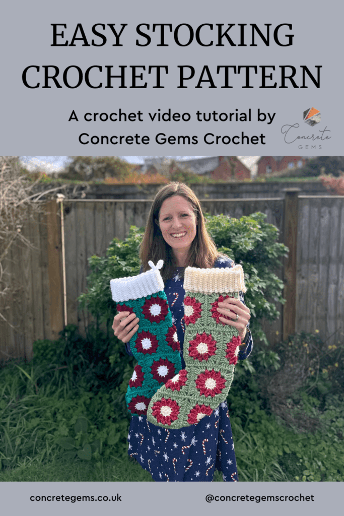 A woman holds 2 crochet stockings in a garden and smiles with the words EASY STOCKING CROCHET PATTERN above