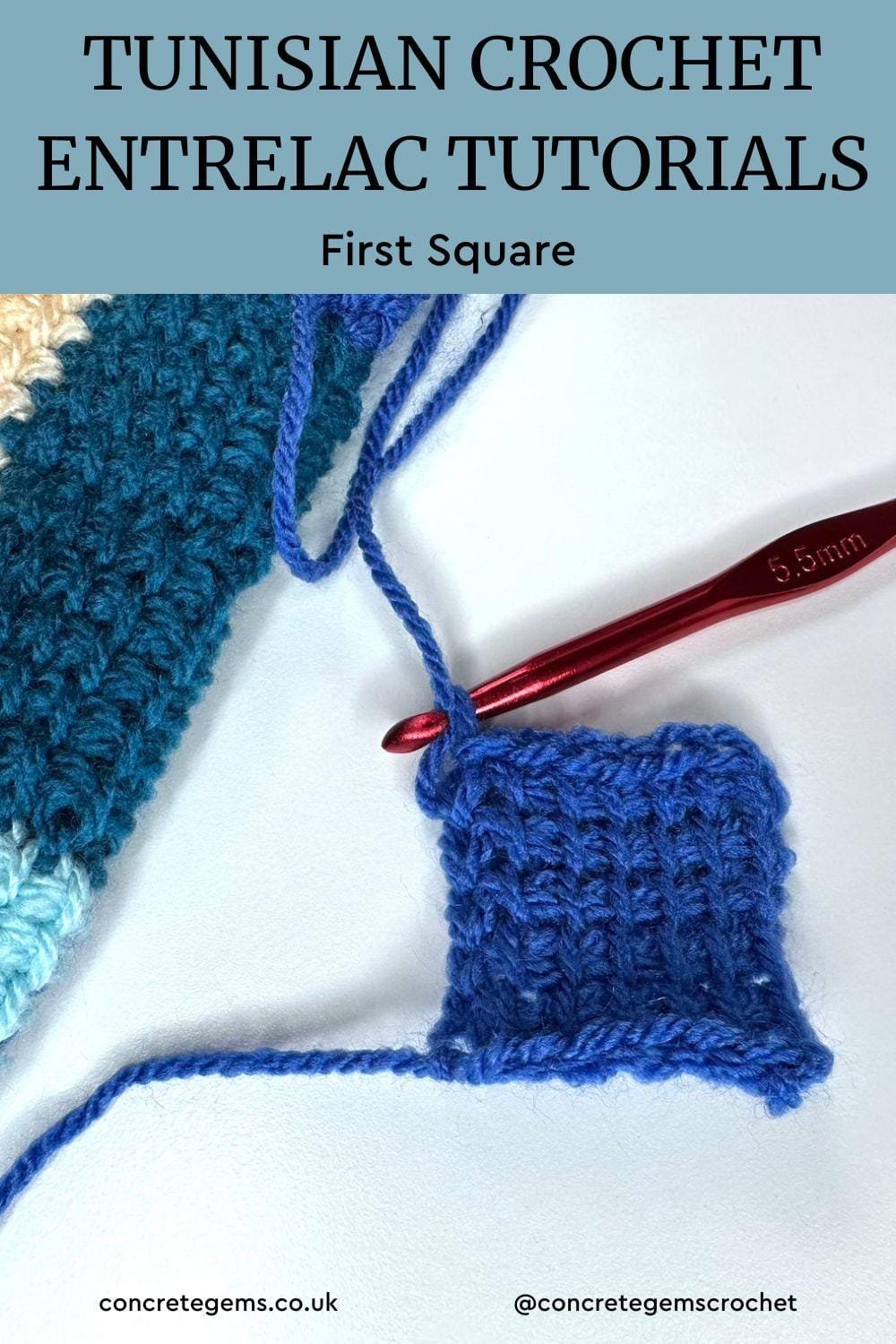 entrelac crochet for beginners first square pin with an image of the first square with the crochet hook still attached and a sample of fabric to the top left. The sample is blue