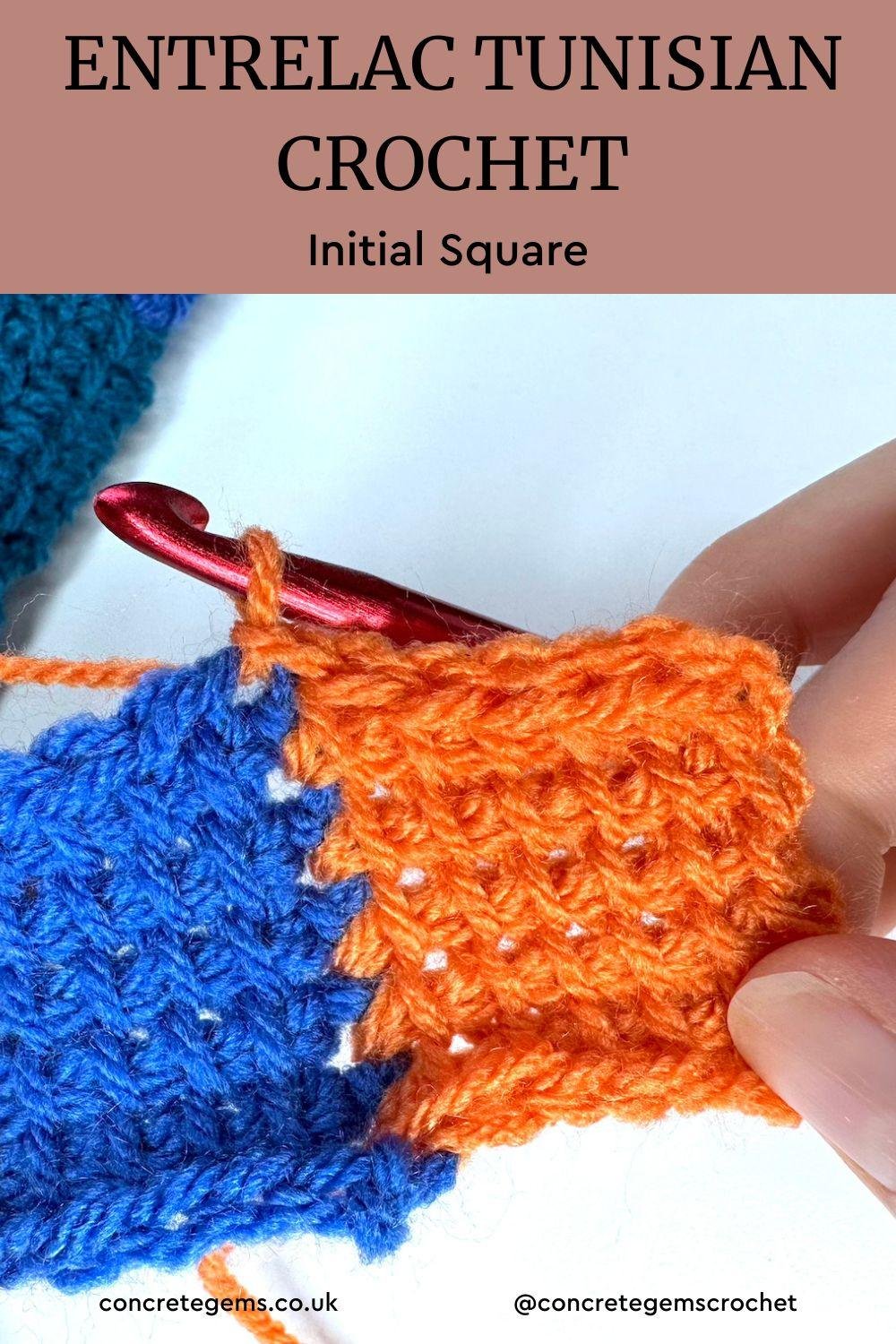 A pin image titled: entrelac tunisian crochet. The image shows an orange and a blue square joined together with a crochet hook using the entrelac Tunisian Crochet technique