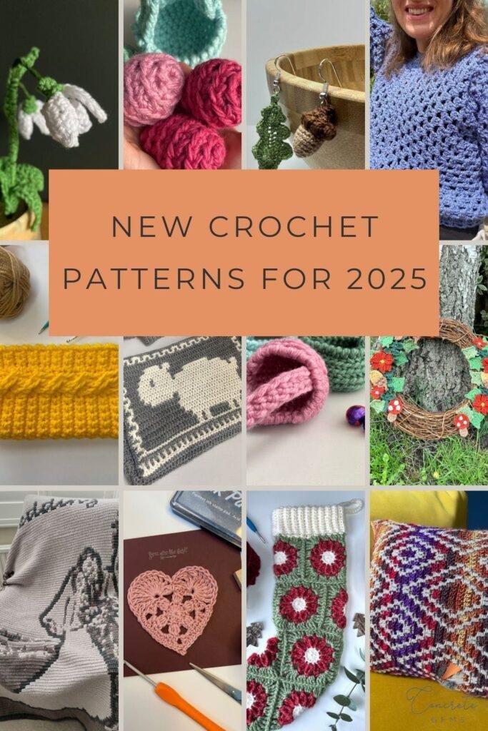 A collage of 12 crocheted items showcasing crochet patterns designed by Concrete Gems crochet during 2025
