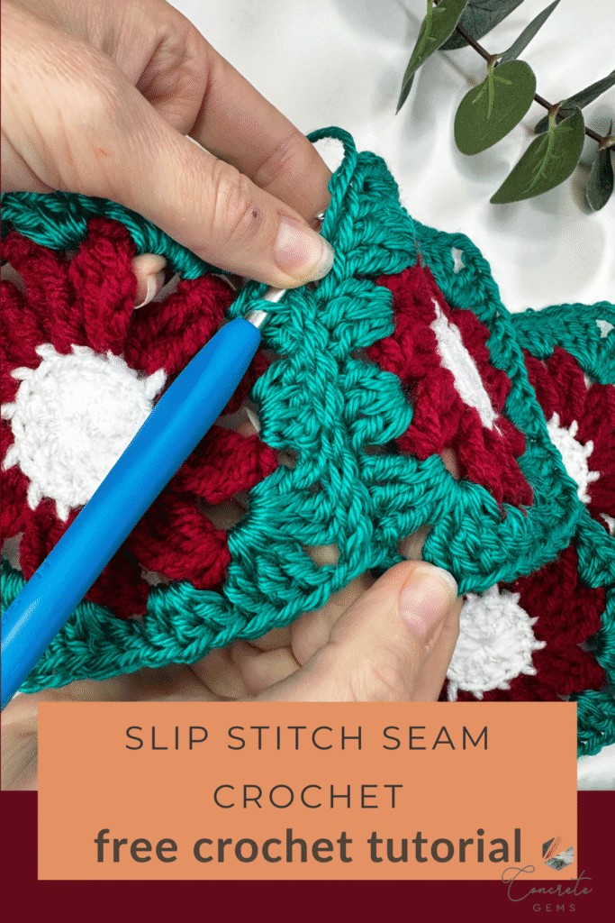 2 hands holding 2 crochet flower motifs in green, red and white, showing off a crochet slip stitch seam with the words SLIP STITCH SEAM CROCHET FREE CROCHET TUTORIAL underneath