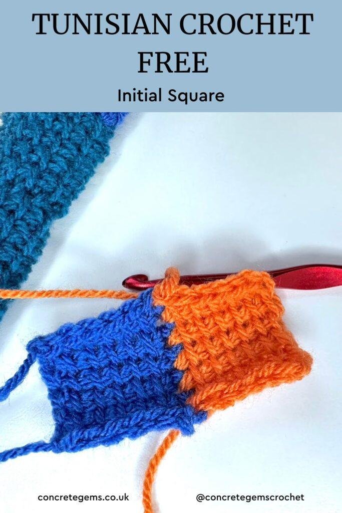 At the top are the words: tunisian crochet free, underneath is an image of 2 crochet entrelac squares in blue and orange