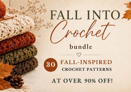 A banner for the Fall into crochet bundle with crochet sweaters in the corner and autumnal colours.