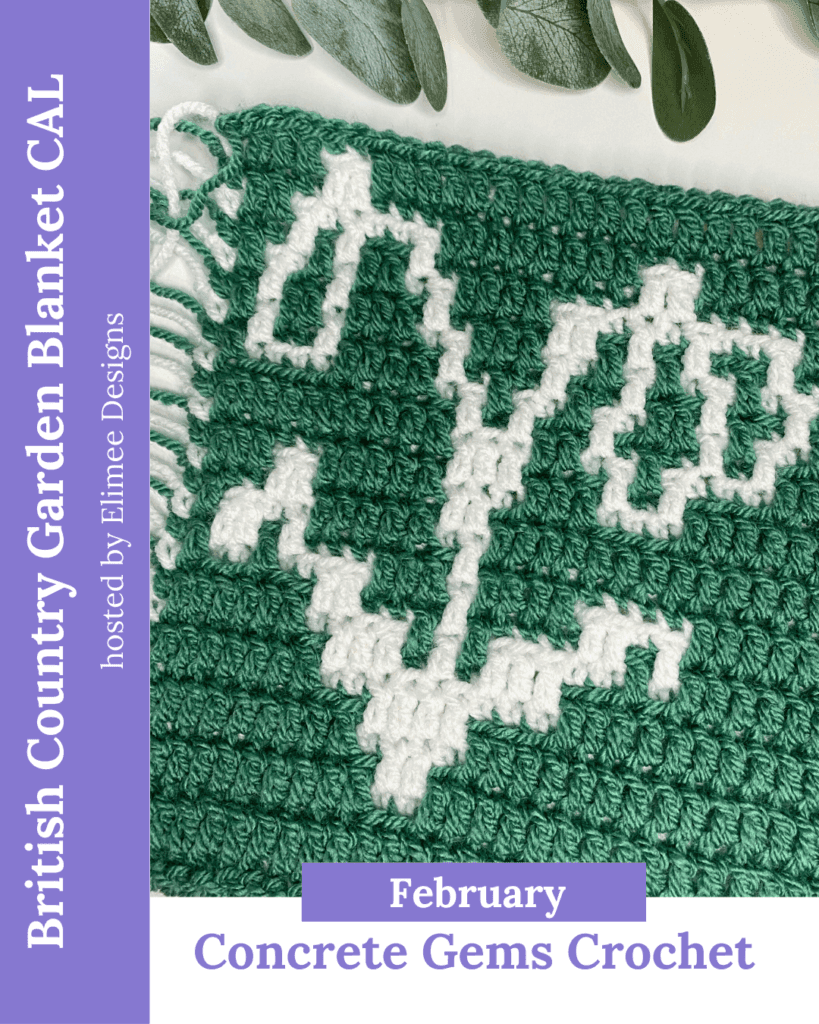 A strip of mosaic crochet featuring a white snowdrop on a green background with purple page borders with the words February Concrete Gems Crochet 