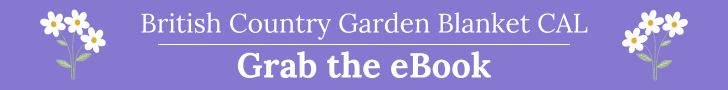 A purple banner with daisies at each end and the words BRITISH COUNTRY GARNDE BLANKET CAL GRAB THE EBOOK